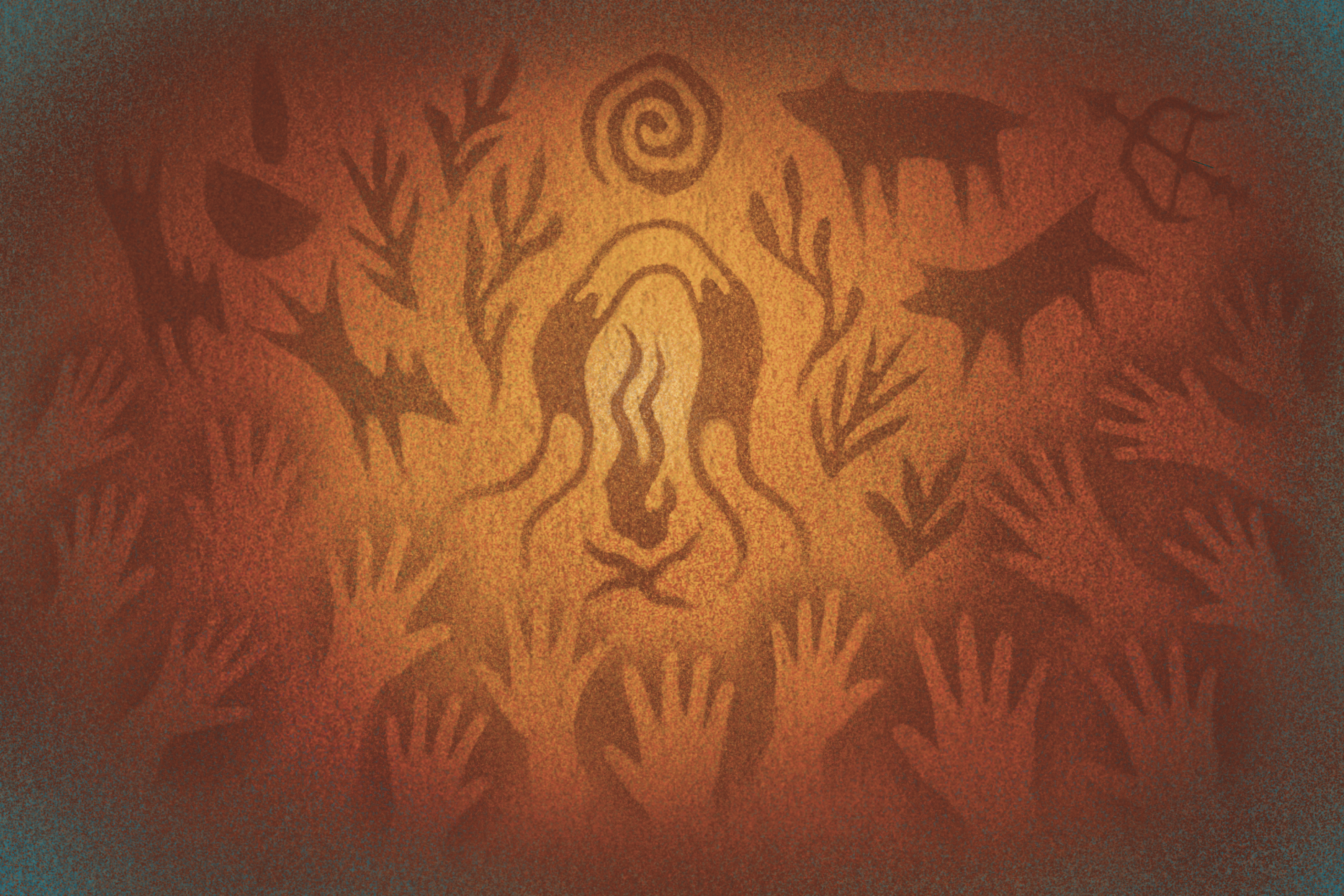 Cave painting illustration of figures gathered around a flame